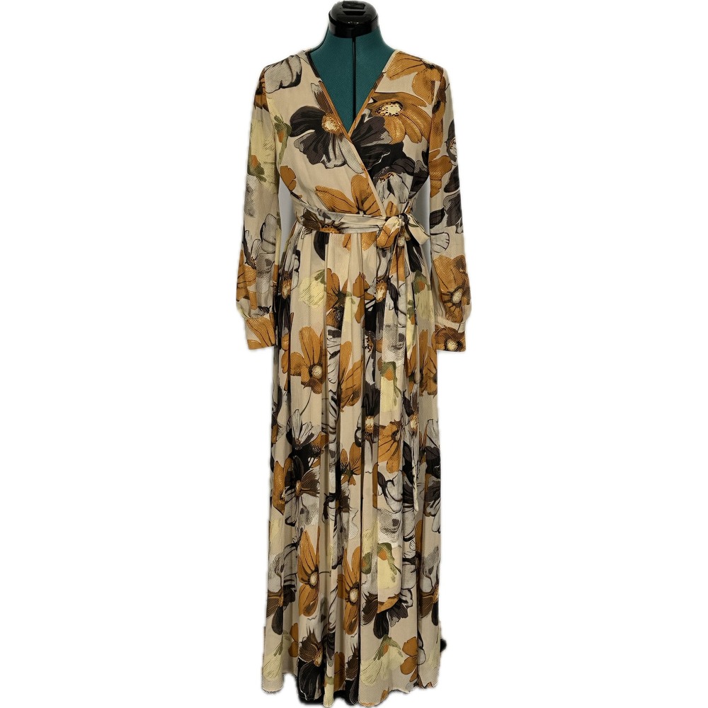 Baltic Born Lydia Maxi Dress S Tan Floral Long Sleeve V-Neck Boho Faux Wrap P119